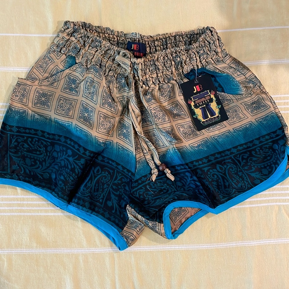 Elastic Waist Gold and Blue Satin Shorts with Pockets